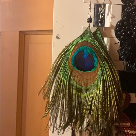 Peacock feather earrings. Worn once - Picture 1 of 1